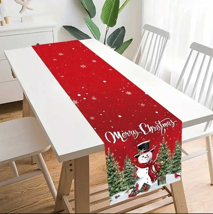 BT239574 Noel Ağaç Kar Adam Desenli Masa Örtü Runner 180x35cm Polyester 1 Adet