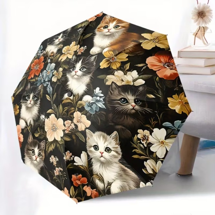 NG5283803 Renkli Kadınlar/Erkekler için Otomatik Açma/Kapama Şemsiye, Çiçek & Kedi Tasarımı