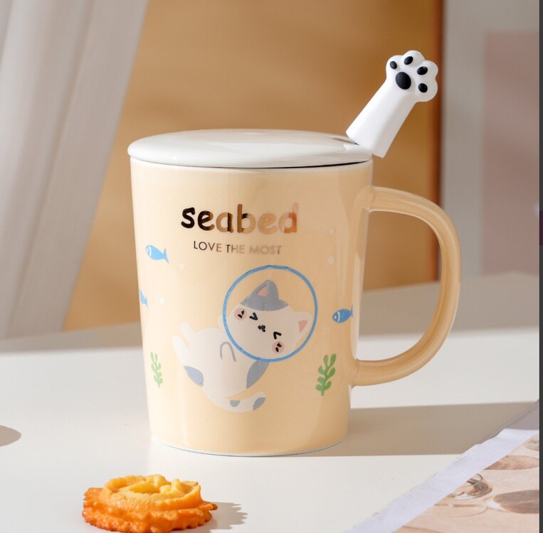 GP-4395 Porselen Kupa Dalgıç Kedi Seabed Love The Most Kapaklı Kaşıklı 1 Adet