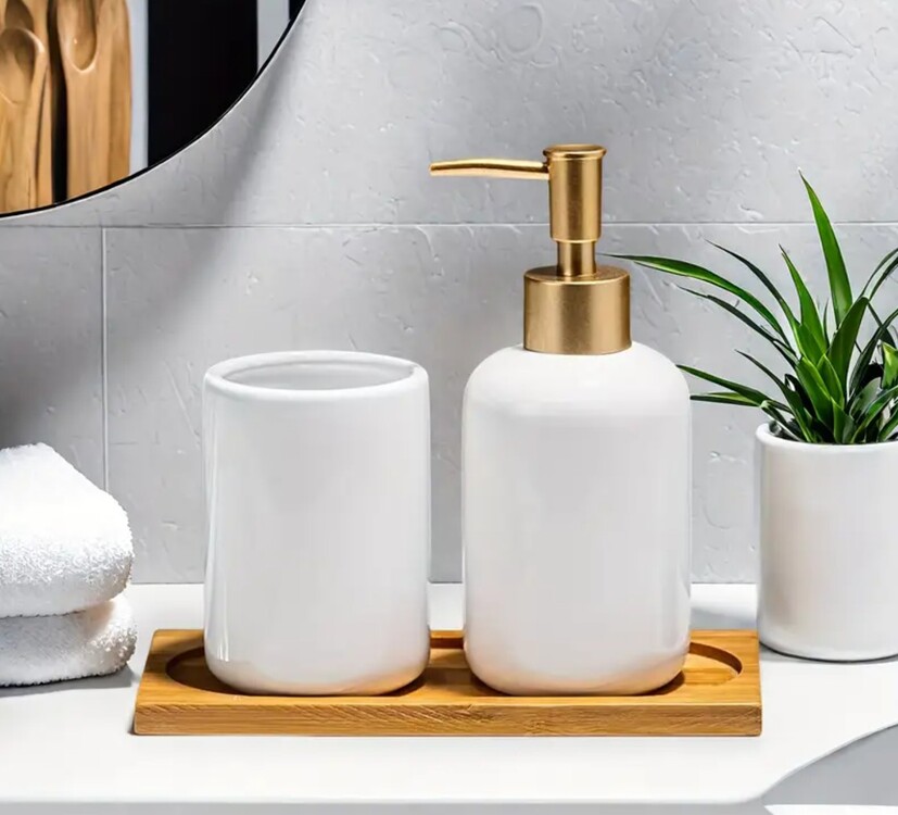HB4174154 Seramik Altın pompalı başlıklı beyaz şişe + Seramik bardak + bambu tepsi