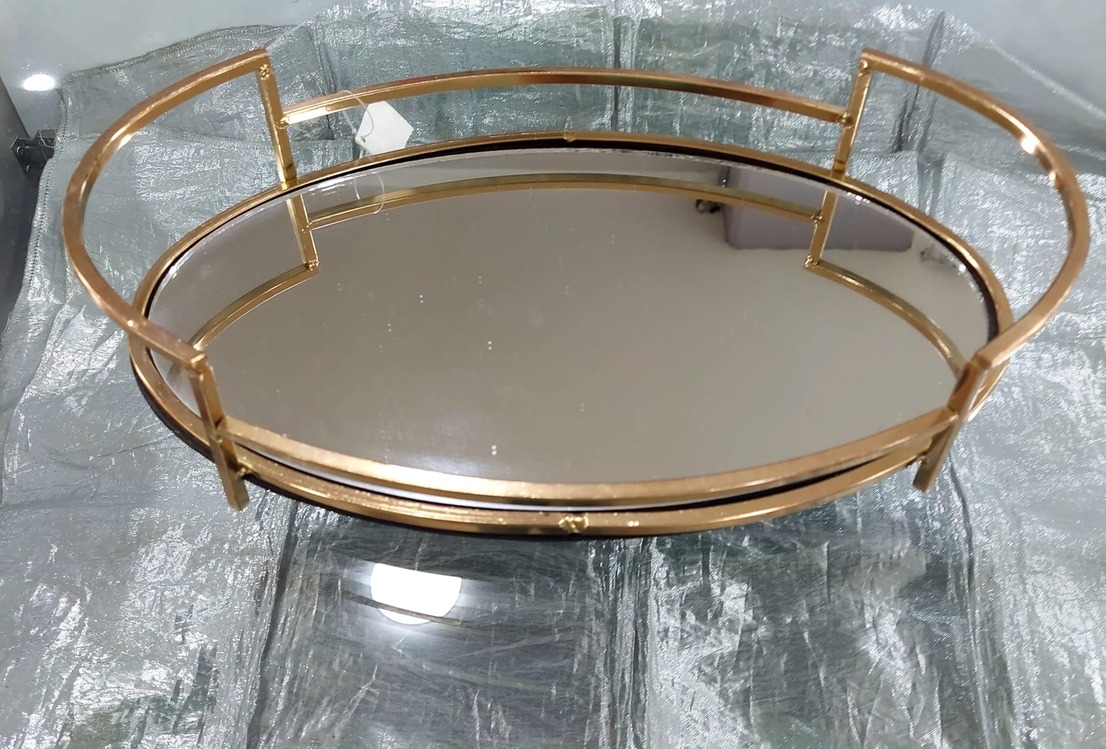 BWTHS 36x22cm Oval Gold Renk Metal Aynalı Cam Tepsi 15inch 1 Adet