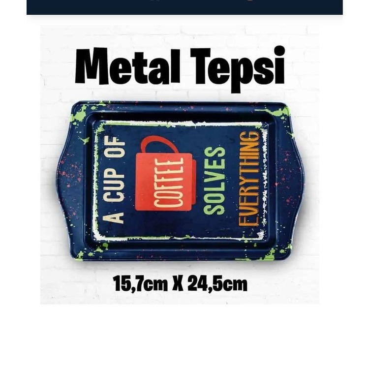 OPENSMTP56 Coffee Desenli Metal Tepsi Dikdörtgen Metal Sofra Tepsi 16x25cm Kahve 1 Adet