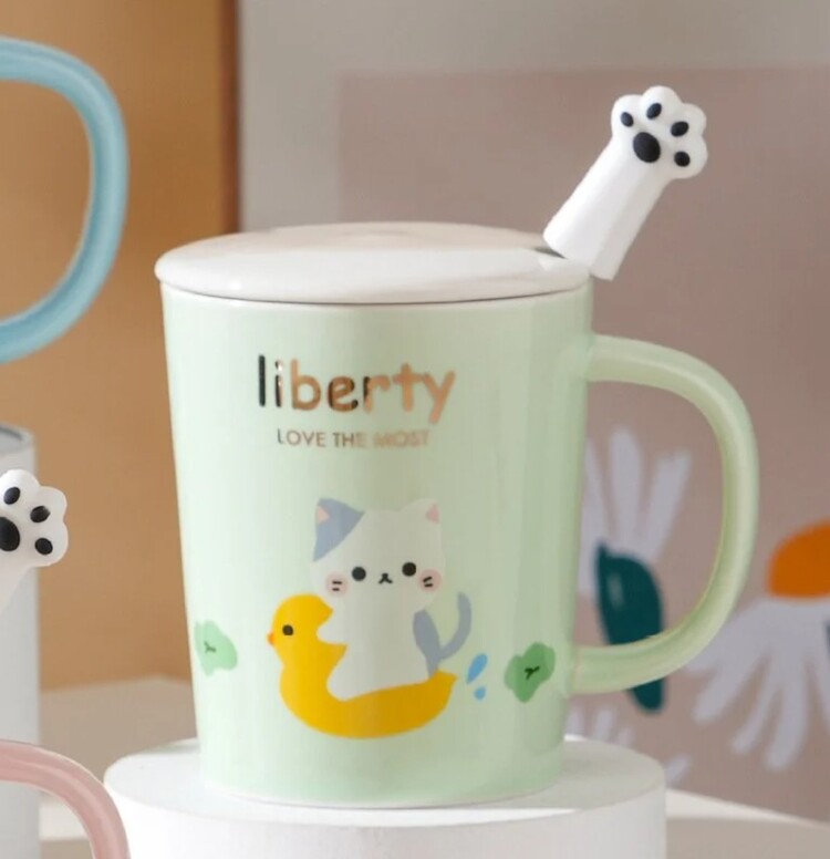 AGP-4395 Porselen Kupa Civcivli Kedi Liberty Love The Most Kapaklı Kaşıklı 1 Adet