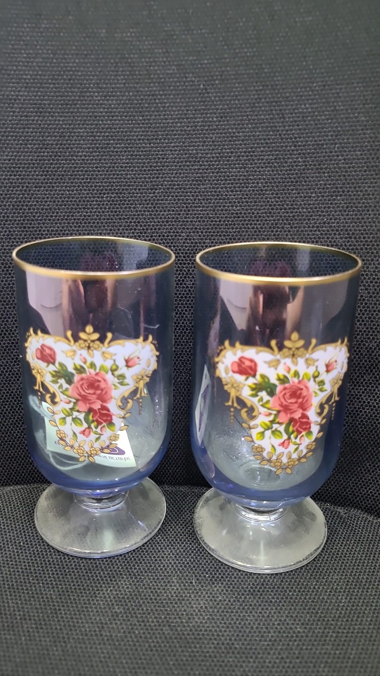 A313502 Bohemia Crystal Tarzında Renkli Güllü 2'li Kahve Yanı Su Bardak Kadeh