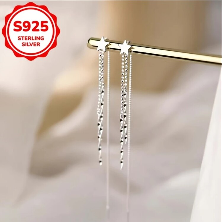 KE249417 Elegant Sterling Silver Star Dangle Küpe - 4g Parlayan Uzun Püskül
