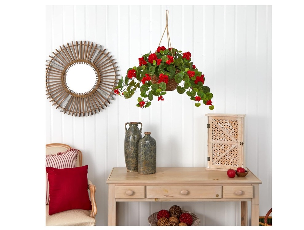 224-1177 Geranium Hanging Bush Kırmızı Yapay Sardunya Çiçek Nearly Natural 1 Adet