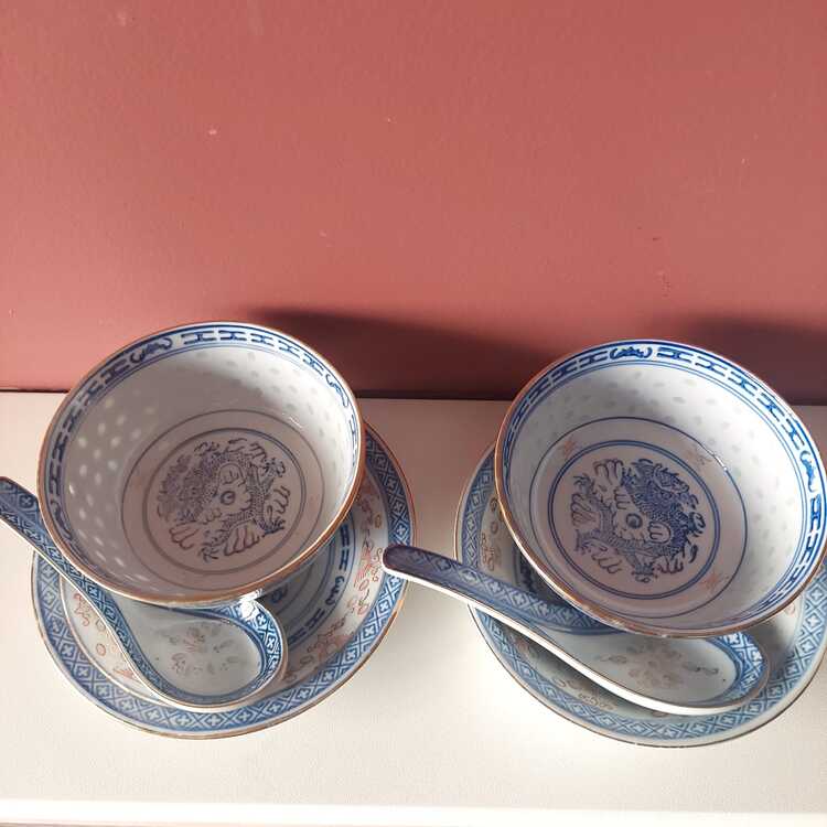 203113102025 Chinese porcelain 2li tk  6 parça Kase çap 11cm Tabak çap 15 cm  Yük 7 cm