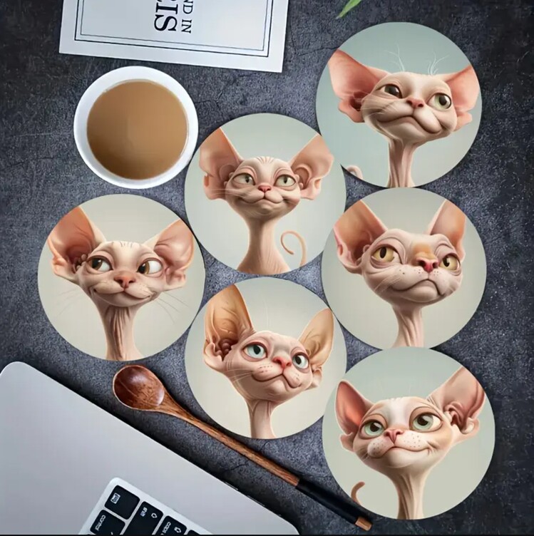FX5137276 A 6 Parça Sphynx Kedi İfadesi Bardak Altlığı Seti Kahve ve Çay İçin