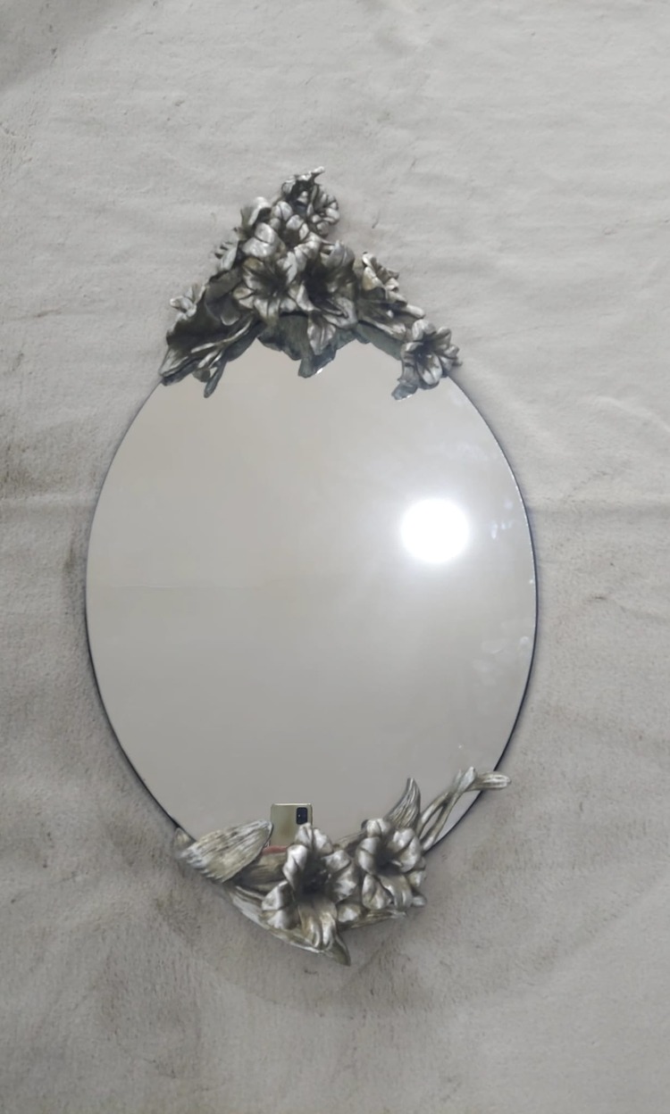 A61950950 46x85cm Oval Ayna Çiçek Motifli Gümüş Renk Mobilya Dekorasyon 1 Adet