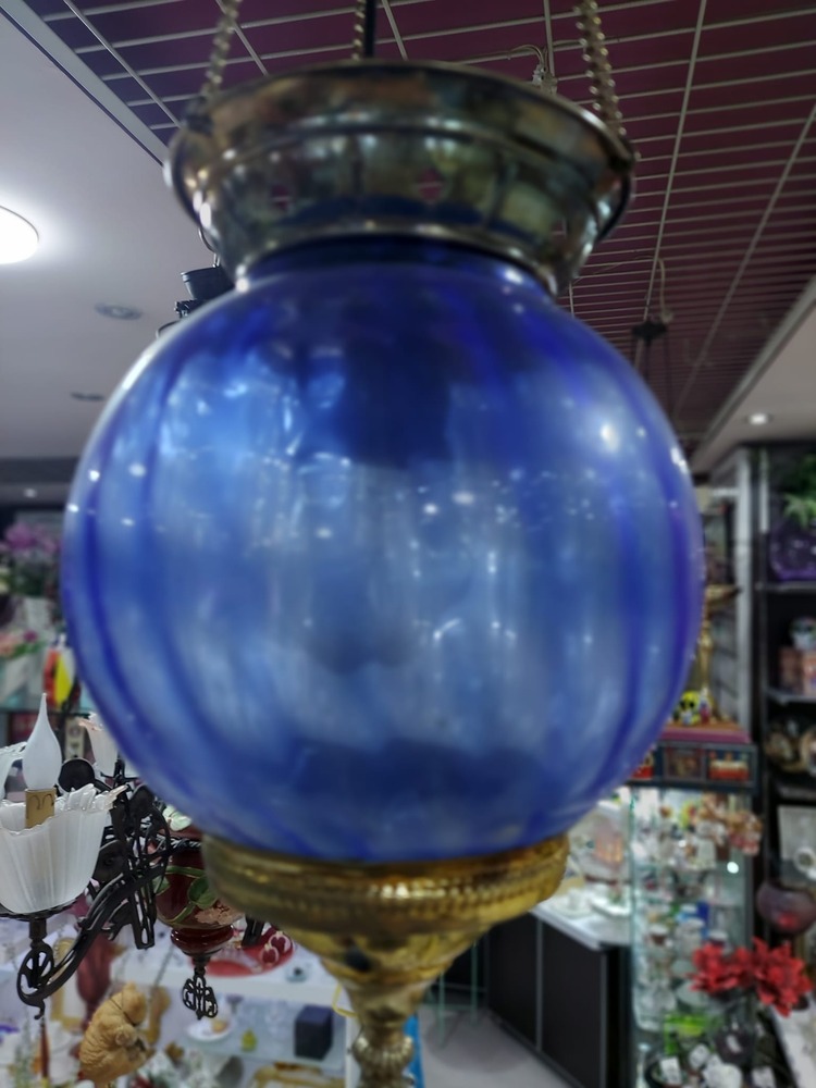 A000F10OI 20x65cm Sarı Pirinç Lacivert Cam Sarkıtmalı Avize Otantik 1 Adet