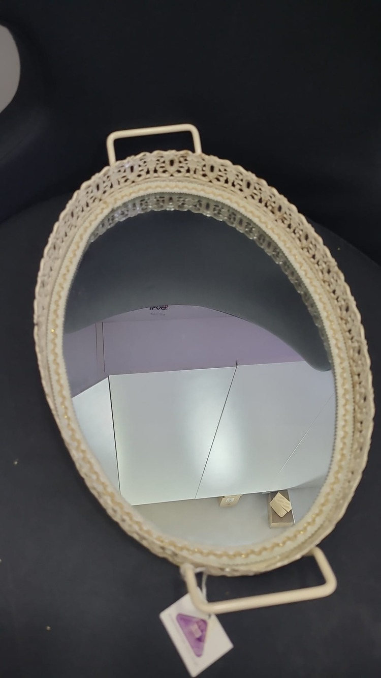 A818721 Oval Metal Aynalı Cam Kumaş Çift Kulplu Tepsi 41x25x4cm 1 Adet