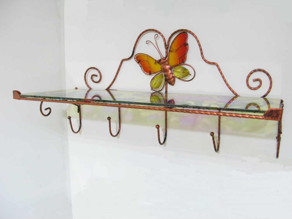 19.LUN.80404-B Luyano Duvar Rafı Askılı Çiçek Kelebek Desenli Antre Tipi Cam Metal 50 cm 1 adet