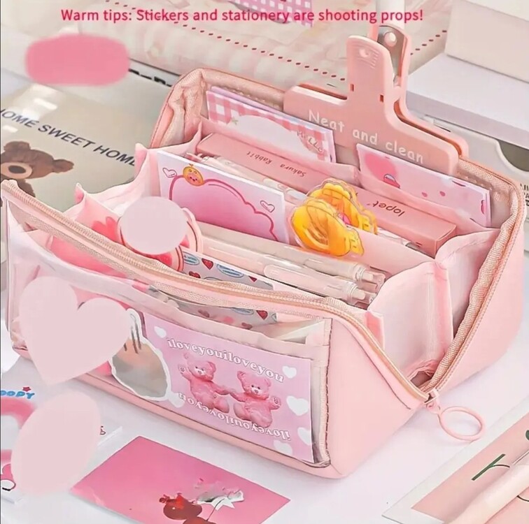 EW145373  Pembe Yaklaşık 80 Kalem Kapasiteli Kızlar İçin Şeffaf Katmanlı Kalem Kutu 1 Adet
