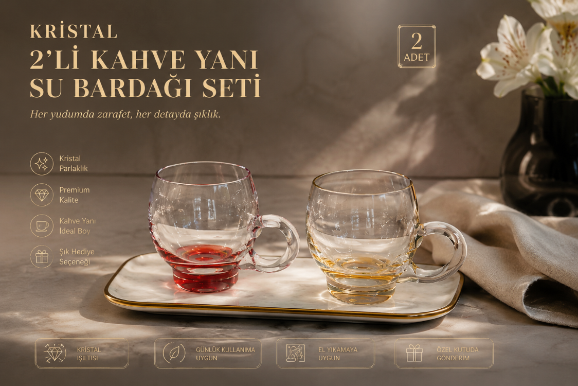 AC134222012026 Kristal 2’li Kahve Yanı Su Bardağı Seti – Kırmızı & Amber