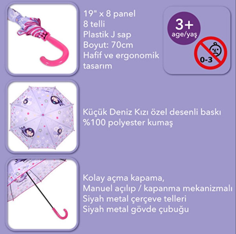 MAM361461802 Küçük Deniz Kızı Çocuk Şemsiye Koleksiyon 19" x 8 Panel 1 Adet