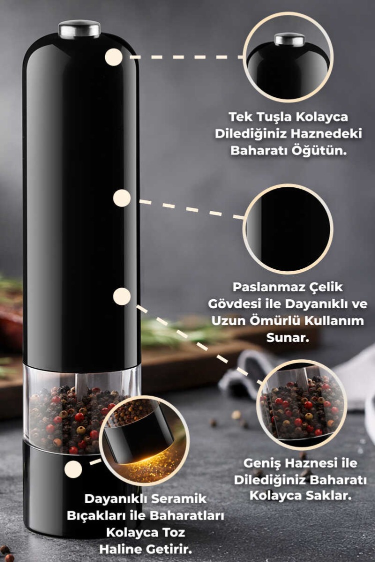 D-BRN027 Paslanmaz Çelik Tuz & Karabiber Öğütücü Pilli - Siyah Otomatik