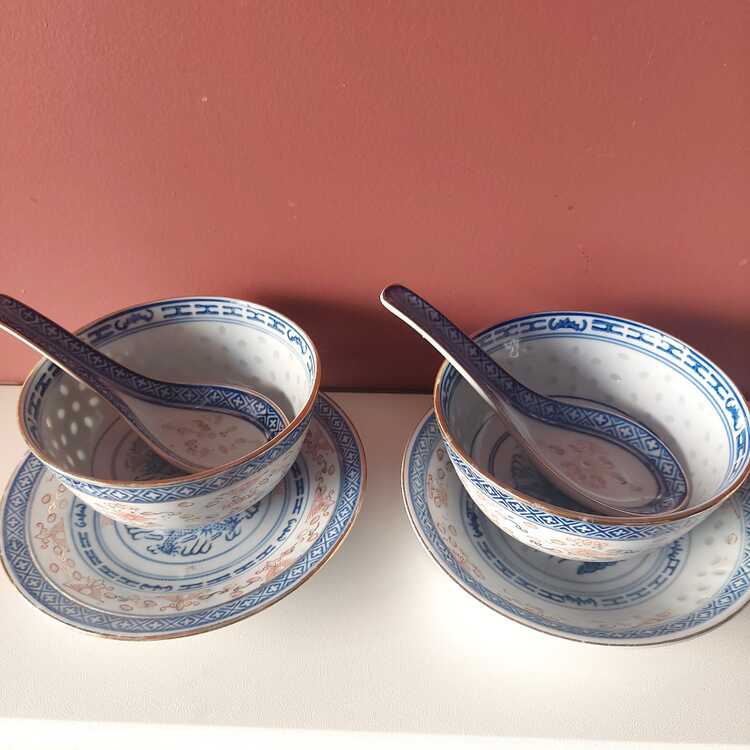 203113102025 Chinese porcelain 2li tk  6 parça Kase çap 11cm Tabak çap 15 cm  Yük 7 cm