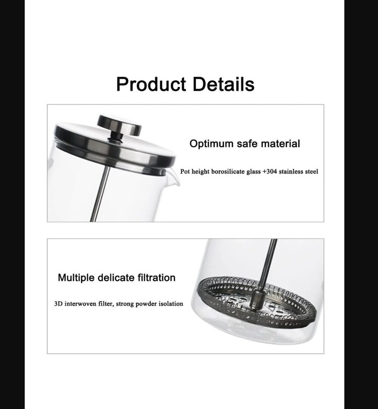 097O6638331 French Press Silver Gümüş Renk 600ml Cam Çay Kahve Demleme Sofra Mutfak Ev Sevgi