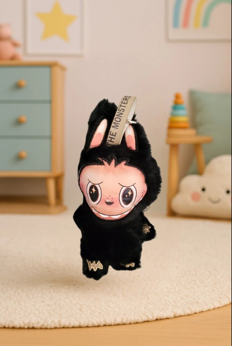 LABUBU-SYH-20CM-PR03 LABUBU Siyah Bunny Karakter Peluş Oyuncak – 20 cm, Yıldız Gözlü, Premium