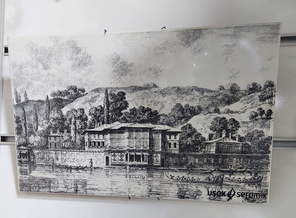 A18195 Seramik Tablo Dikdörtgen 40x25cm Siyah Beyaz Vintage Köşk Dağ Kayık Kürek 1 Adet