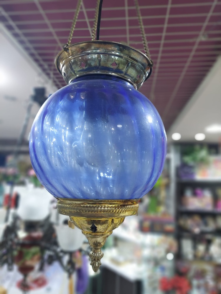 A000F10OI 20x65cm Sarı Pirinç Lacivert Cam Sarkıtmalı Avize Otantik 1 Adet