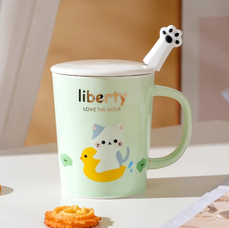 AGP-4395 Porselen Kupa Civcivli Kedi Liberty Love The Most Kapaklı Kaşıklı 1 Adet