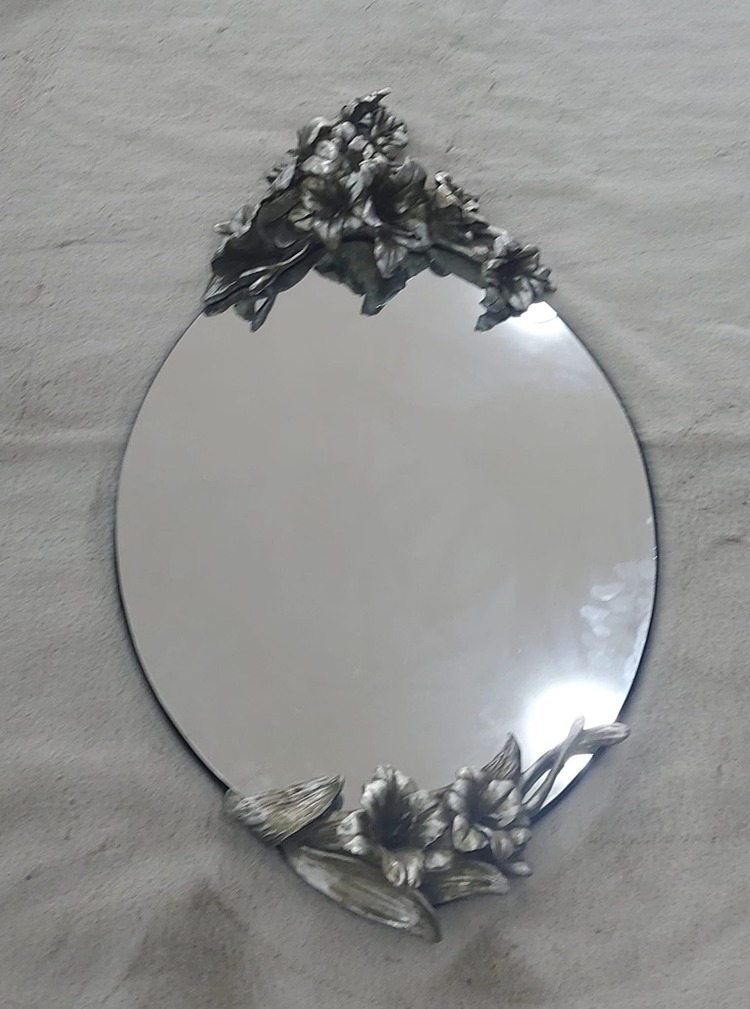 A61950950 46x85cm Oval Ayna Çiçek Motifli Gümüş Renk Mobilya Dekorasyon 1 Adet