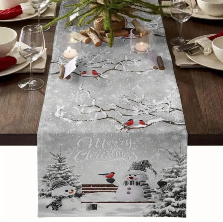 VD259894 Noel Masa Runner Kardan Adam Noel Ağaç Kış Kuş 13x72inç 33x183cm 1 Adet