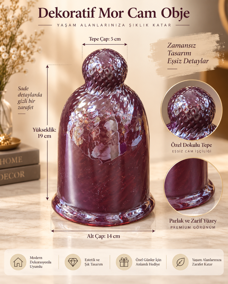 ESD-MCO-191405 Dekoratif Mor Cam Obje – Dokulu Tepe Tasarımlı Şık Ev Dekoru 19 cm