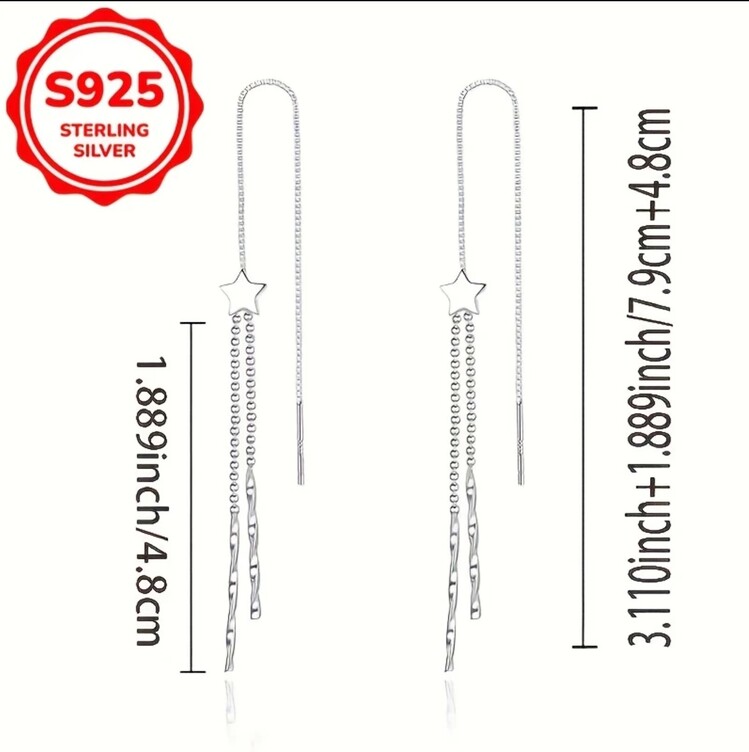 KE249417 Elegant Sterling Silver Star Dangle Küpe - 4g Parlayan Uzun Püskül