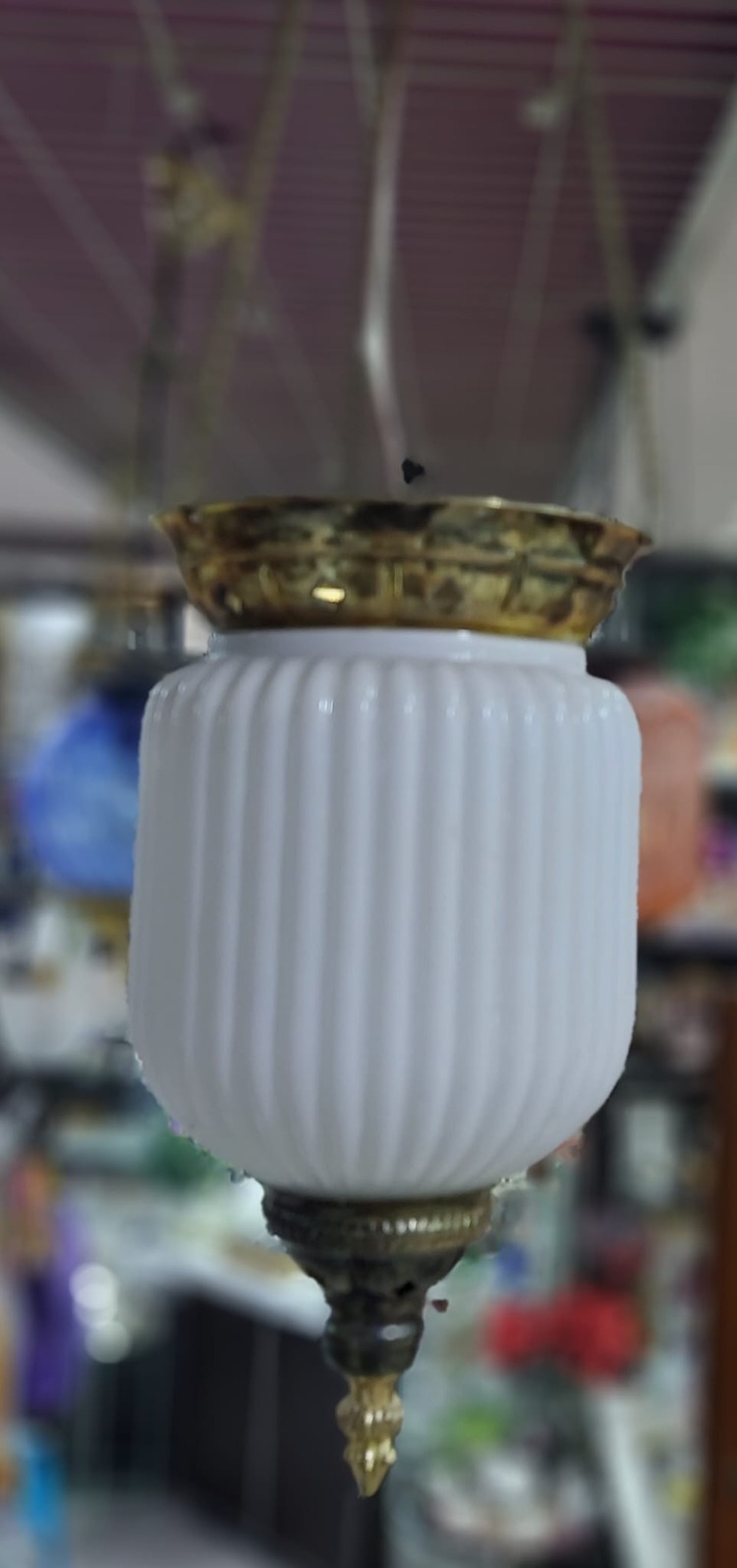 A032100 Sarı Pirinç Cam Avize Çap 15cm Yükseklik 65cm Sarkıtmalı 1 Adet