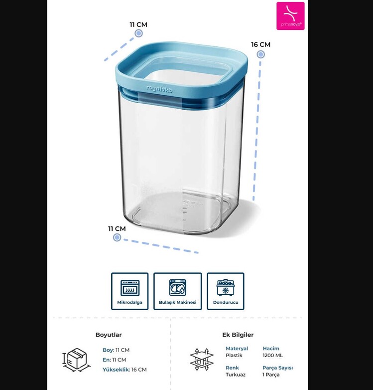 M-SK07-16-02 Seoul Kuru Gıda Saklama Kabı 1200 ML - 11 x 11 x 16 CM