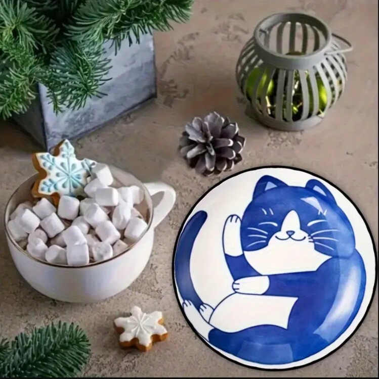 WR3672277 4 adet mavi ve beyaz seramik tarzı sevimli kedi minimalist illüstrasyonlu