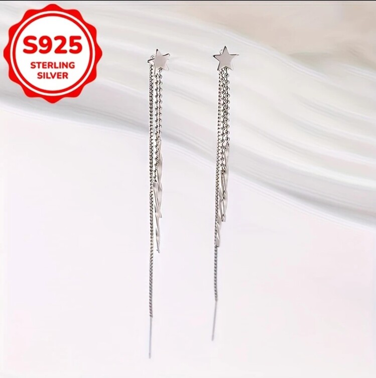KE249417 Elegant Sterling Silver Star Dangle Küpe - 4g Parlayan Uzun Püskül