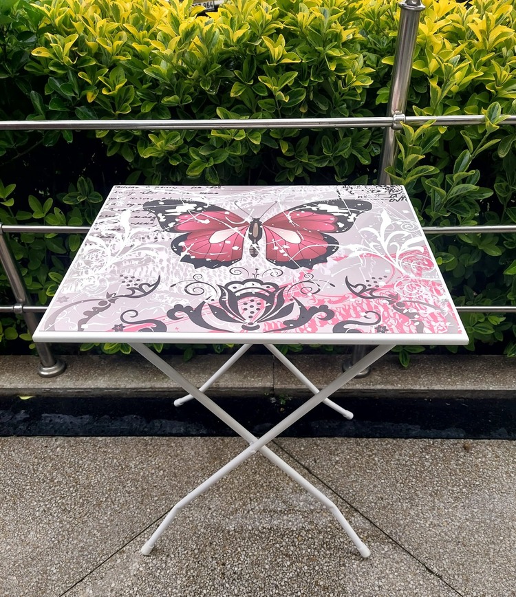 A41691 50x40cm Yükseklik 58cm Ahşap Metal Ayaklı Katlanır Sehpa Kebelek Desenli 1 Adet