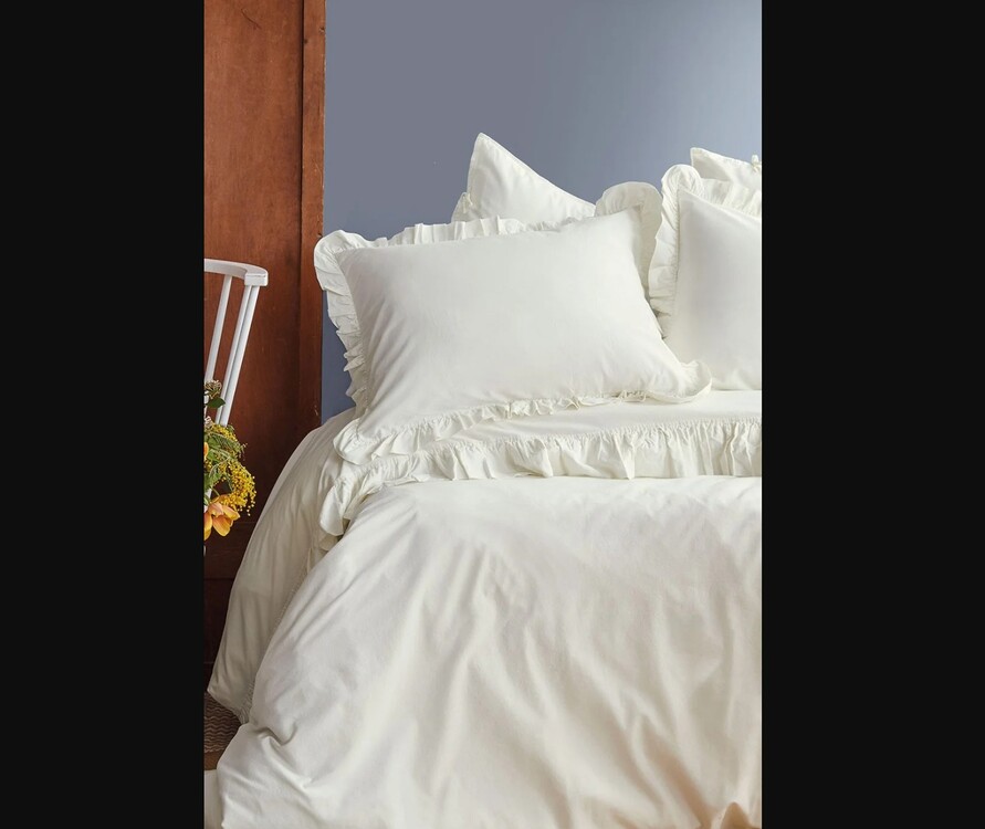 ISS-MAM-622063 Frill Yıkanmış %100 Pamuk Poplin Vanilya Çift Kişilik Nevresim Takımı