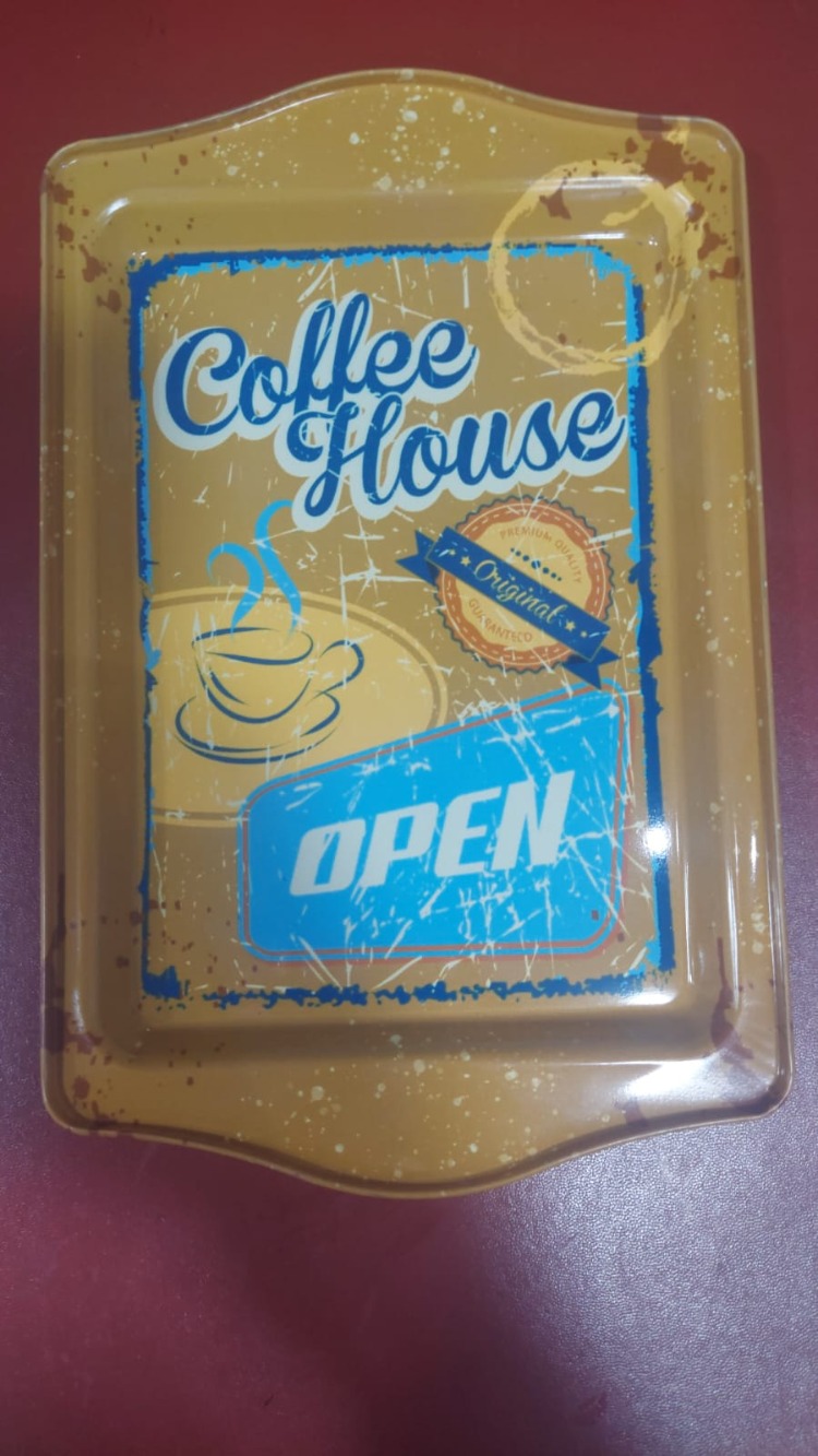 OPENSMTP56 Coffee Desenli Metal Tepsi Dikdörtgen Metal Sofra Tepsi 16x25cm Kahve 1 Adet