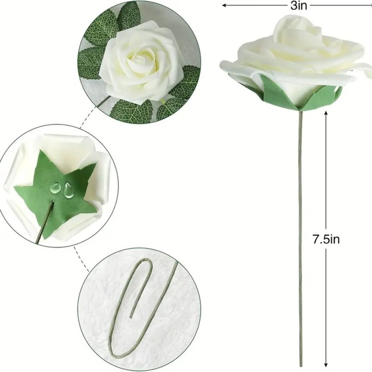 AUX05520 Boutonnieres Merkezleri için İvory Gül W / Sap, DIY 1 adet Yapay Gül Çiçek
