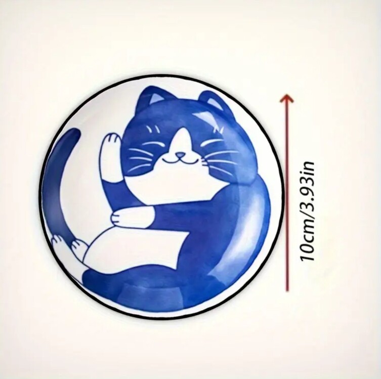 WR3672277 4 adet mavi ve beyaz seramik tarzı sevimli kedi minimalist illüstrasyonlu