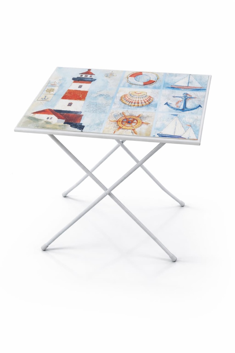 1923A41691 50x40cm Yükseklik 58cm Ahşap Metal Ayaklı Katlanır Sehpa Desenli 1 Adet
