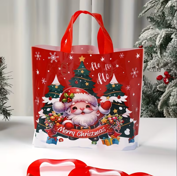 TL7092451 1 adet Şenlikli Noel Baba Noel Ağacı Hediye Çanta Kırmızı Plastik