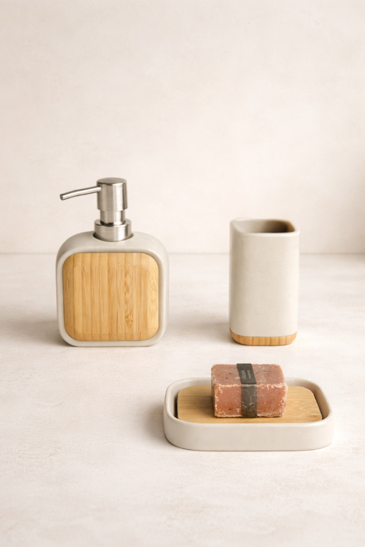 AD-S21070 Sau 3'lü Banyo Set Ahşap Sıvı Katı Sabunluk Diş Fırçalık Modern