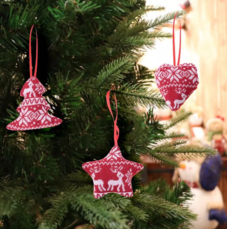 ADR-47 Yılbaşı Kumaş Çam Ağaç Desenli Kırmızı Beyaz Noel Tekstil Örme Süsleme 1 Adet