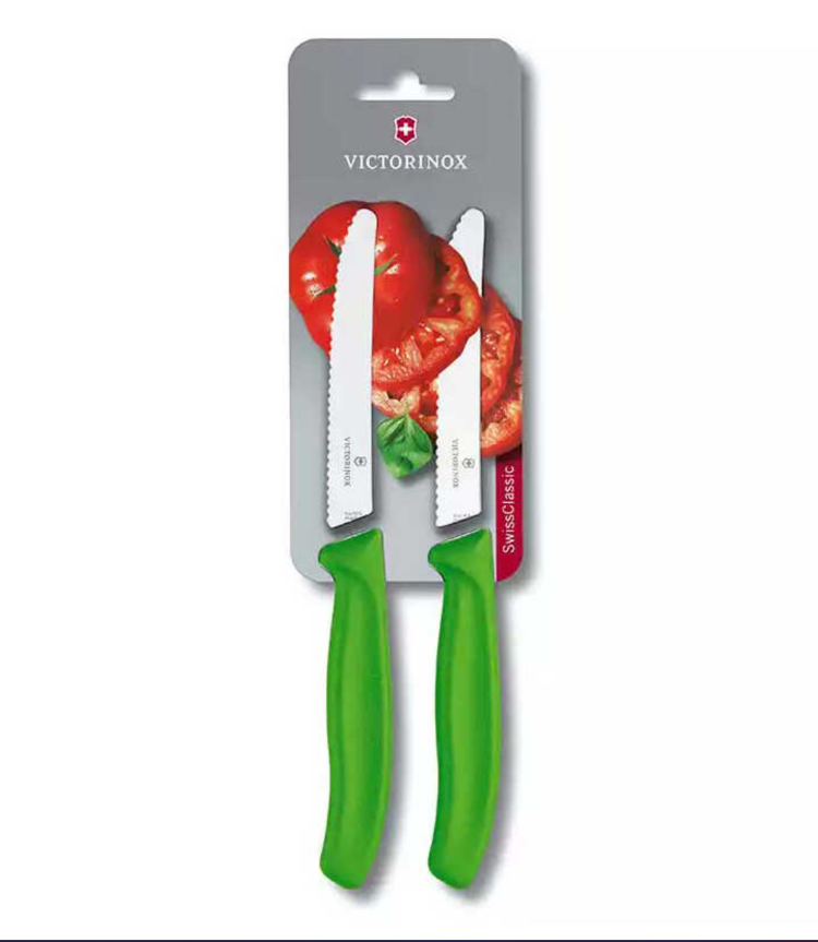 VT 6.7836.L114B Victorinox 11cm Yeşil 2li Tırtıklı Domates ve Sofra Bıçağı, Blisterli Paket