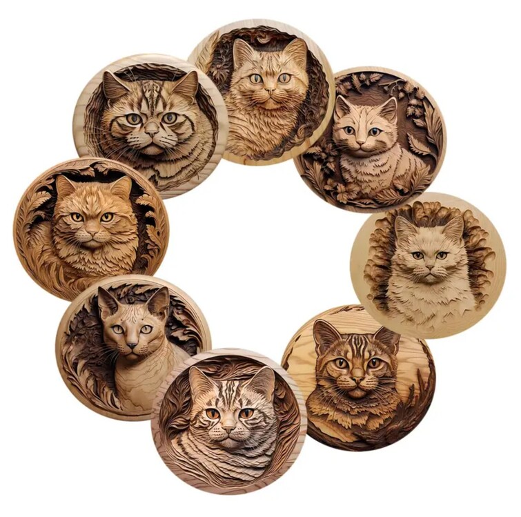 TH3735315 10X10cm 8 Parça Mantar Altlık Seti, Oymalı Kedi Desenli, Elde Yıkanabilir