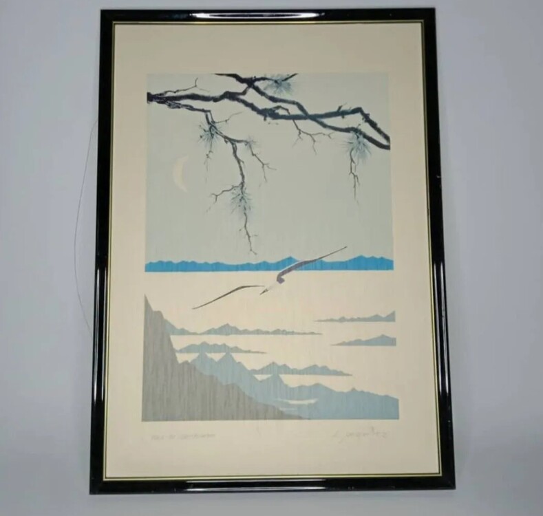 A350.236 52x72cm Cam Ahşap Siyah Kenarlı Tablo Kuş Ağaç Dağ Serigrafi L. Jacowitz 1 Adet