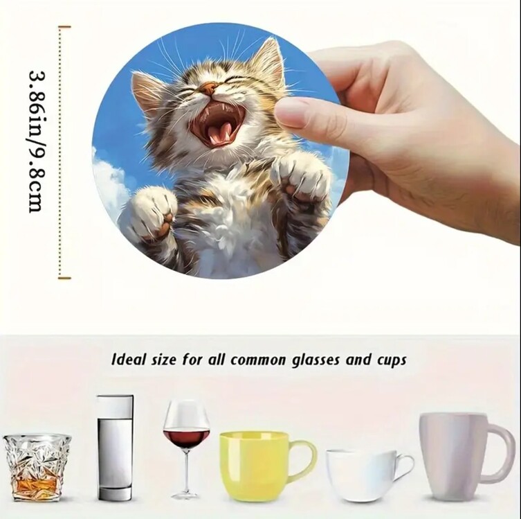 YA4486151 2D Baskılı 6 Parça Eğlenceli Kedi Bardak Altlığı Seti Renkli Tasarım