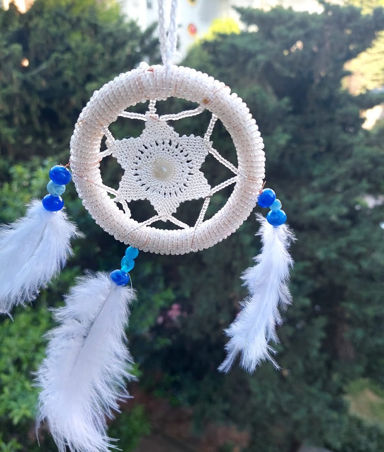 B12931 Dream Catcher Düş Kapanı Tüylü Asmalık 8cm Çap El Yapım Dantel 1 Adet