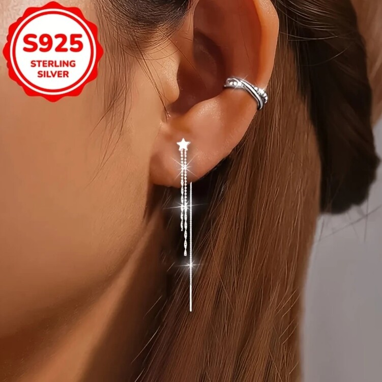 KE249417 Elegant Sterling Silver Star Dangle Küpe - 4g Parlayan Uzun Püskül