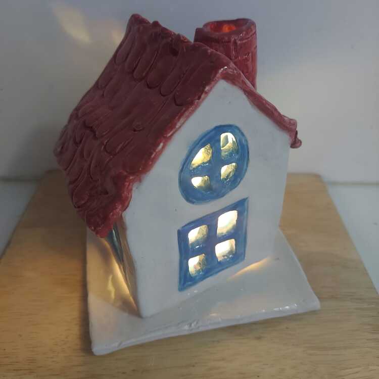 A8394832 Seramik Altlıklı Mumluk El Yapım 12x11cm Kırmızı Mavi Beyaz Obje 1 Adet